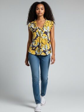 Porridge~Yellow & Navy Floral Ruffle V-Neck Women’s Sleeveless Top   size 4